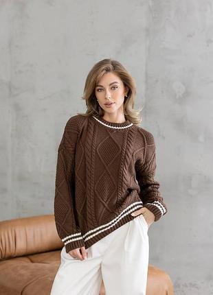 Жіночий теплий светр з вовни та акрилу вовняний акриловий коричневий нище пояса з контрастною  полоскою  з візерунком
