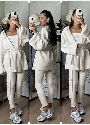 Жіночий повсякденний класичний костюм двійка штани брюки легінси та кардиган з поясом тканина ангора вʼязка туреччина