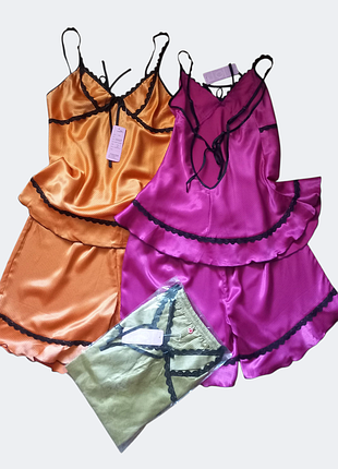 Піжама атласна комплект шорти+майка s/m/l