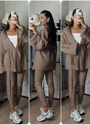 Жіночий повсякденний класичний костюм двійка штани брюки легінси та кардиган з поясом тканина ангора вʼязка туреччина