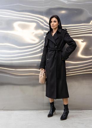 Замшевий двобортний тренч з поясом на гудзиках чорний, жіночий тренч з екозамші на осінь, тренч замш, порто