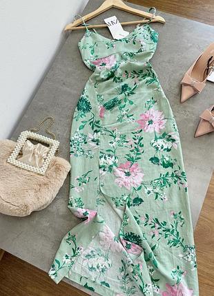 Квітчаста сукня міді з льоном від zara, розмір m