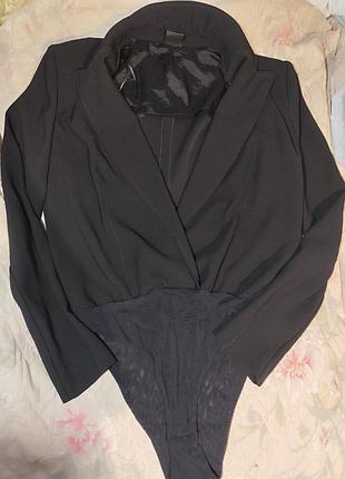 Шикарний стильний чорний щільний боді, жакет, піджак, блуза тріко, купальник комбідрес