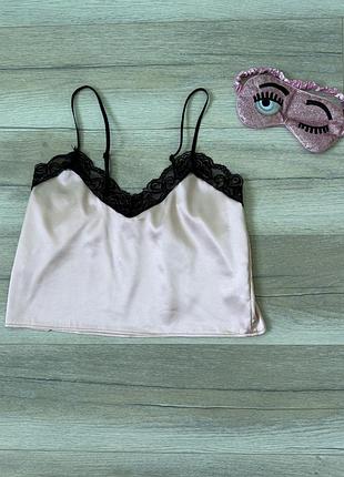 Жіночий атласний топ піжама шовкова майка укорочена з мереживом