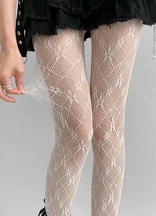 Белые колготки сетка цветочный принт у2к лолита
