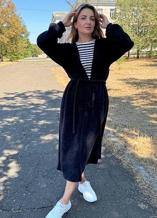 Длинный кардиган из ангоры травка с широкими рукавами и поясом