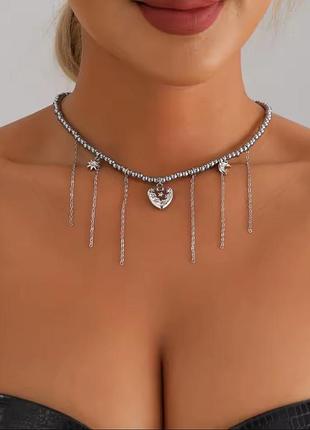 Колье женское чокер бусины с цепочками сердце новое