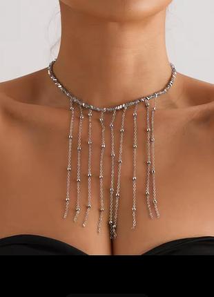 Колье женское чокер кристаллы с цепочками серебряное новое