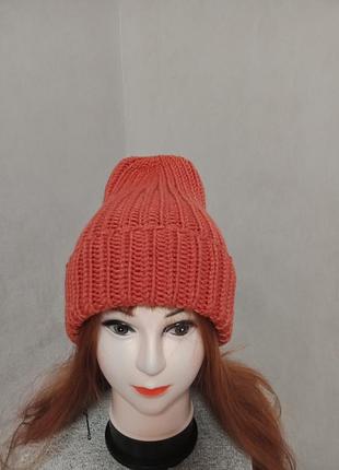 Шапка в'язана з відворотом теракотовий колір (мод44)