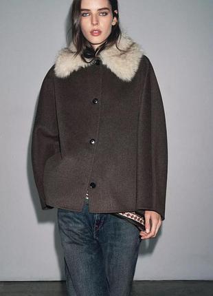 Куртка жіноча вовняна сіра з хутром zara new