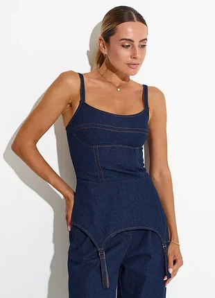 Джинсовий топ в корсетному стилі на бретелях з завязками на спинці