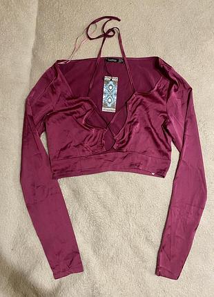 Кроп топ з рукавом корсетного типу шовковий гладкий на переплеті зпереду boohoo новий з біркою