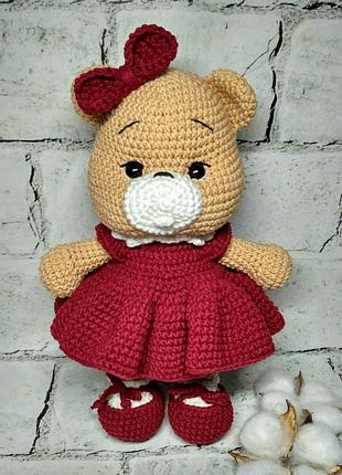 М'яка іграшка в'язана ручної роботи амігрумі ведмедик у плаття hand made 26 см