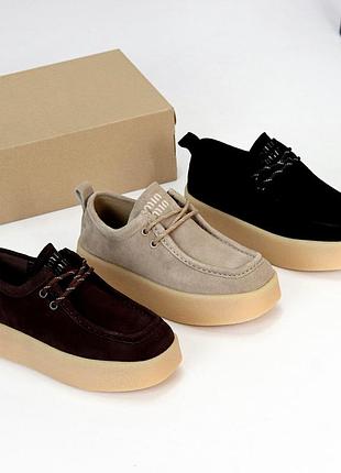 Жіночі замшеві туфлі лофери на шнурках