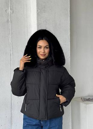 Теплая зимняя куртка с капюшоном до -30°, женская куртка на зиму с мехом на биопухе, черная курточка зима, 006