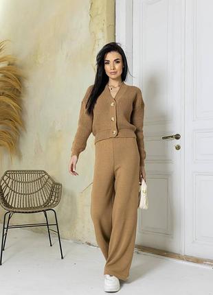 Трикотажний костюм брючний повсякденний кофта на гудзиках кардиган штани високі прогулянковий в'язаний костюм