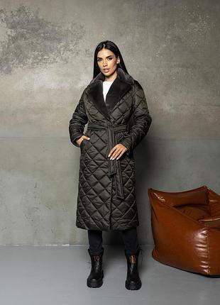 Теплое стеганное зимнее пальто с поясом до -10°, женское пальто малахит на зиму, пальто с меховым воротником зима, стокгольм