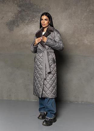 Теплое стеганное зимнее пальто с поясом до -10°, женское серое пальто на зиму, пальто с меховым воротником зима, стокгольм