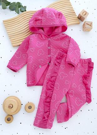 Комплект для новорожденного с капюшоном и ушками (кофта на кнопках + штанишки), ткань капитон