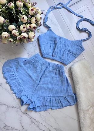 Жіночий повсякденний домашній одяг костюм комплект трійка шорти топ та халат тканина муслін бавовна