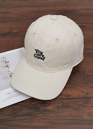 Кепка-бейсболка коттоновая с напылением из микровелюра “you are good” светло-бежевая