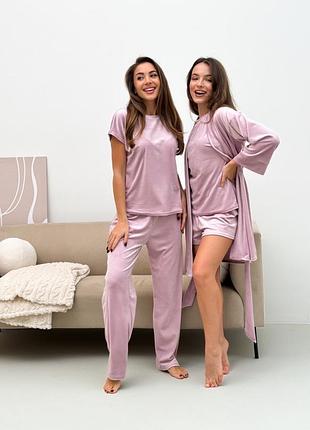 Жіночий плюшевий рожевий домашній комплект-четвірка (халат, шорти, футболка, штани)
