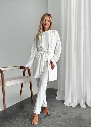 Домашній жіночий велюровий комплект трійка футболка штани і халат