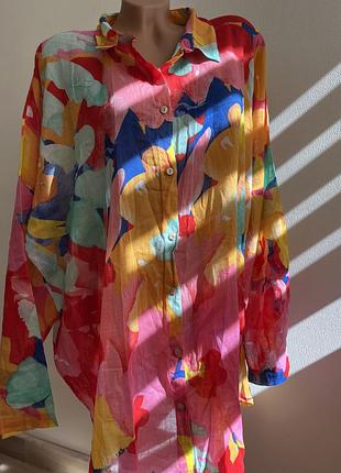 Жіноча сорочка блуза з бавовни / пляжний одяг/ жіночий пляжний одяг/ батальна пляжна сорочка накидка /яскрава жіноча  сорочка батал  l/3xl