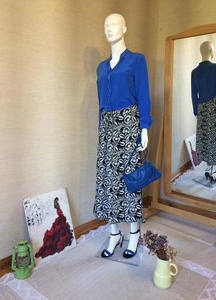 Синяя блуза с воланами длинный рукав шелк натуральный