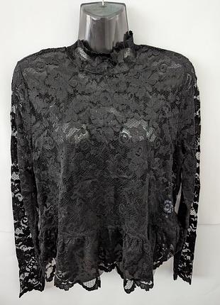 Блузка женская ganni, гипюровая,черная,с оборкой,вискоза,полиамид,баска,мереживающая, лёгкая, летняя,блуза,блузочка,сетка, сеточка, стойкая,эластан, гипюр, гупюр