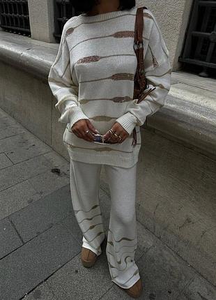 Накладной платеж ❤ турецкий молочный вязаный костюм оверсайз свитер мирер и штаны палаццо