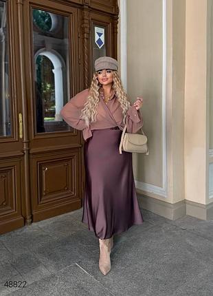 Женская атласная юбка миди шоколадный, черный, белый, красный