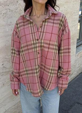 Женская теплая карта повседневная рубашка в клетку оверсайз розовая