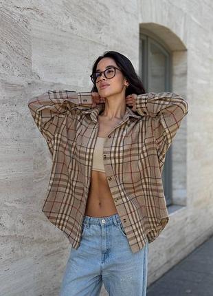 Женская теплая карта повседневная рубашка в клетку оверсайз бежевая