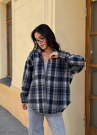 Женская теплая карта повседневная рубашка в клетку оверсайз синяя