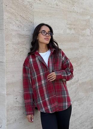 Женская теплая карта повседневная рубашка в клетку оверсайз бордовая