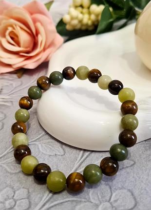 🔺🐯☘️ браслет амулет натуральний камінь тигрове око та хризопраз