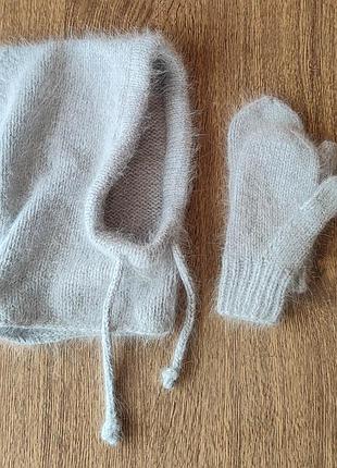 Ангора комплект – вязаный капор (капюшон, балаклава, hood) и перчатки, стильный зимний набор