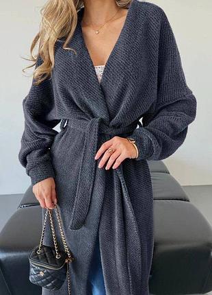 Жіночий подовжений кардиган з ангори з поясом оверсайз