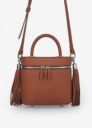 Шкіряна сумка bucket bag шоколадного кольору з китицями, що відстібаються