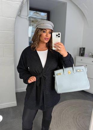 Жіночий теплий чорний кардиган з поясом | 1798