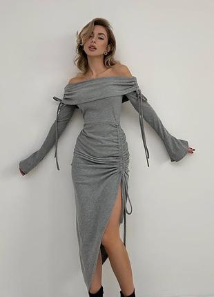 Жіноча сукня міді з завʼязками трикотаж рубчик сірий 42-44 і 46-48