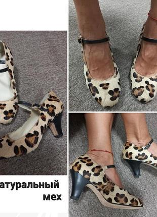 Туфли из гладкого меха с принтом леопард и  перепонкой-застёжкой спереди lab