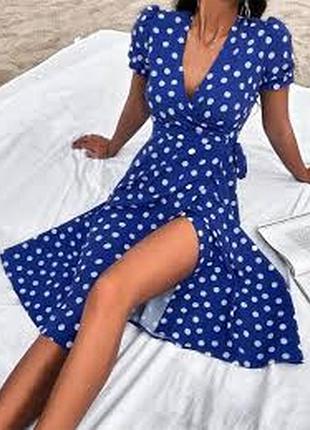 Літнє мідіплаття shein l легке пишне на запах із рукавами-ліхтариками блакитне в горох