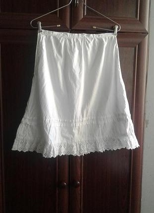 Вінтажний бавовняний білий під'юбник, спідниця з прошвою на подолі нюанс