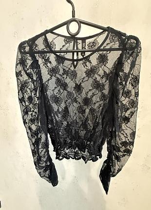 Блуза мереживна топ прозора чорна мереживо кружево h&m