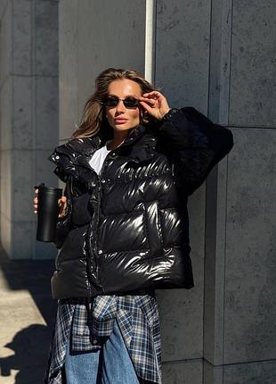 Женский качественный теплый пуффер оверсайз дута объемная куртка пуховик черный