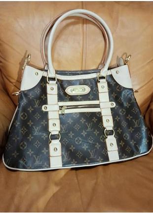 Сумка бежевые лямки с надписью louis vuitton с коричневым фоном не из натуральной кожи
