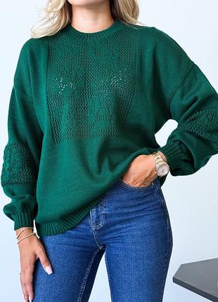 Свитер женский с узором зеленый изумрудный полушерсть 42-54 гг
