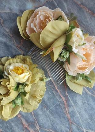 Комплект прикрас в оливковому кольорі, гребінець оливковий ручної роботи, оливкове весілля, гребінець та брошка ручної роботи